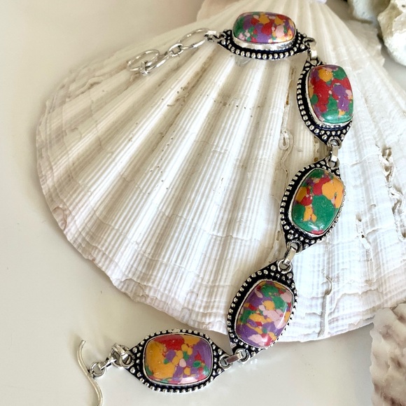 Colorful River Silica Stone Silver Bracelet - Picture 1 of 5